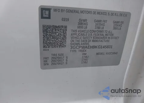 2019 Chevrolet Silverado 1500 Work Truck from USA, damaged, VIN 3GCPWAEH9KG145831